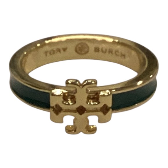 Tory Burch Jewelry - Tory Burch Kira Enamel Ring Gold Tone Hunter Green Logo Band size 8